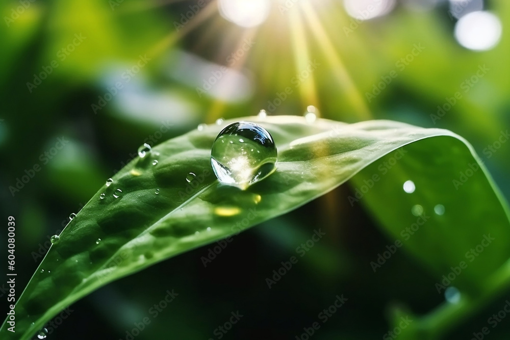Beautiful Water Droplet on Vibrant Green Leaf with Sun Glare - Artistic Nature Macro Photography, generative AI Beautiful Water Droplet on Vibrant Green Leaf with Sun Glare - Artistic Nature Macro Photography, generative AI