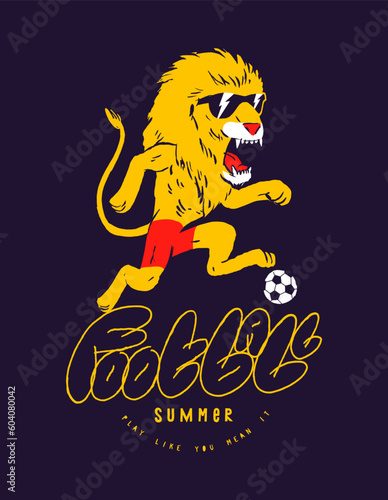 Football lion. Funny lion character running with a soccer ball vintage typography silkscreen t-shirt print vector illustration.
