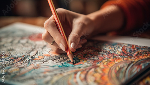 Coloring book activity on table with pencils generated by AI