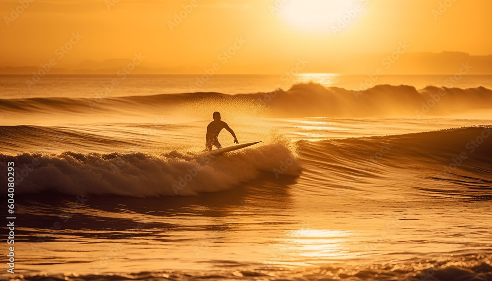 Men surfing waves at sunset, spraying vitality generated by AI