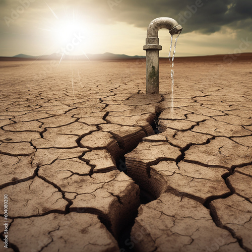 Conceptual image of drought in the desert with water supply pipe