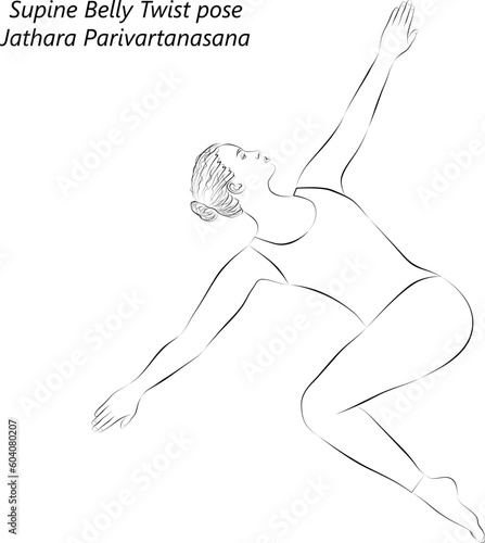 Sketch of young woman practicing yoga, doing Supine Belly Twist or Supine Abdominal Twist pose. Jathara Parivartanasana. Supine and Twist. Vector illustration isolated on transparent background.