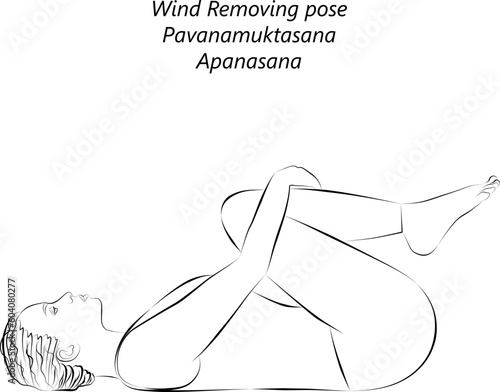 Sketch of young woman practicing yoga, doing Wind Removing or Wind Relieving pose.Pavanamuktasana. Apanasana. Supine and Forward Bend. Beginner. Vector illustration isolated on transparent background.