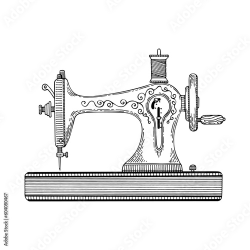 Sewing machine line art. Tailoring, factory, atelier. Vintage sewing tool. Tailor profession. Hand drawn vector doodle illustration.