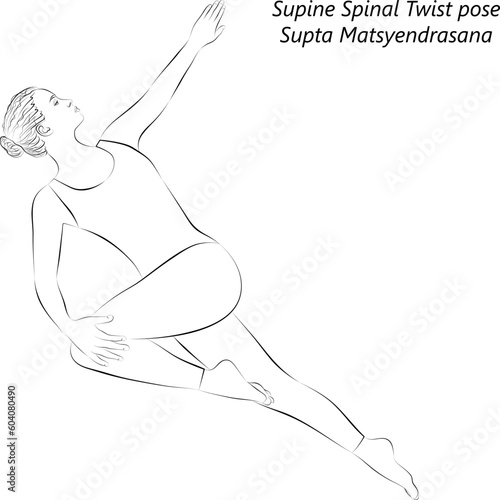 Sketch of young woman practicing yoga, doing Supine Spinal Twist pose. Supta Matsyendrasana. Supine and Twist. Beginner. Vector illustration isolated on transparent background.