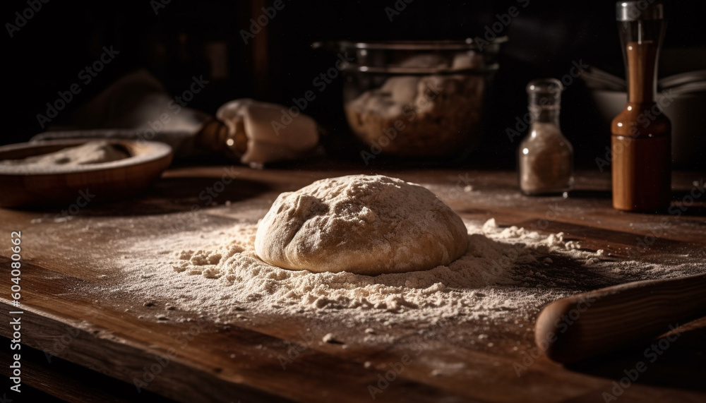 Fototapeta premium Freshly baked homemade bread on rustic table generated by AI