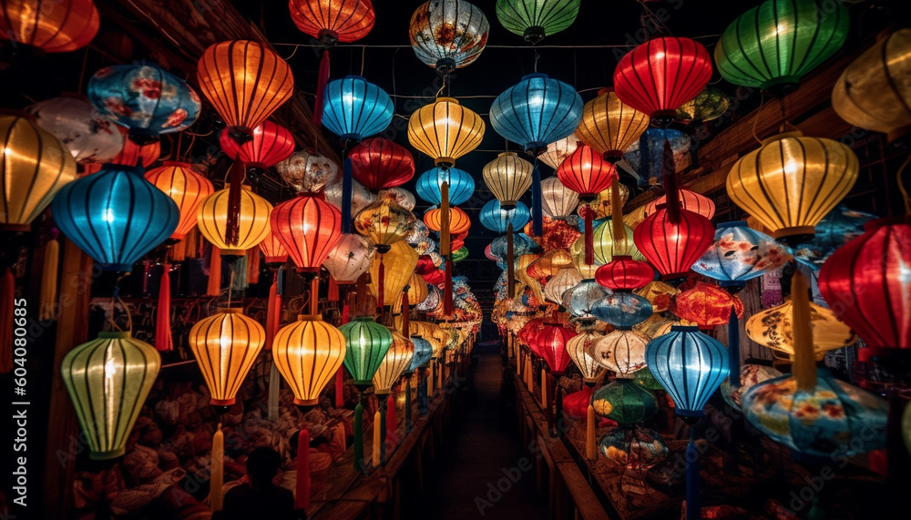 Vibrant paper lanterns illuminate traditional Chinese celebration generated by AI