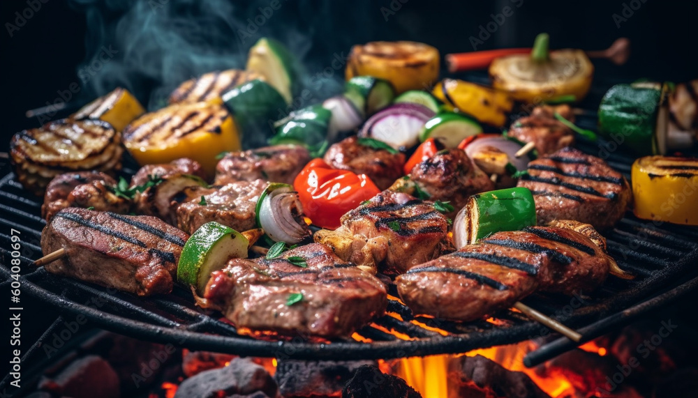 Grilled meat and vegetables on glowing coals generated by AI