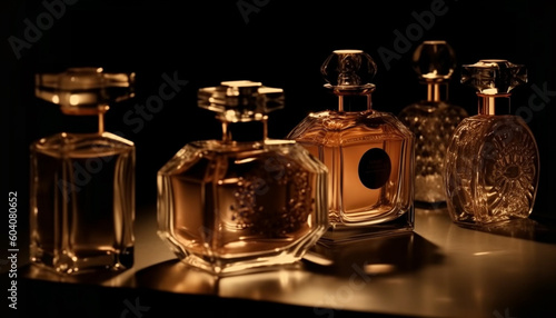 Luxury perfume bottle reflects elegance and glamour generated by AI