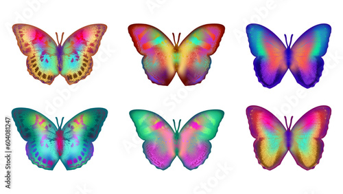 Isolated illustrations of psychedelic butterflies in saturated neon color schemes