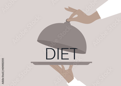 Waiter hands holding a tray and a cloche, a diet sign