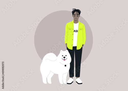 A full body portrait of dog owner with their pet, a big fluffy samoyed puppy