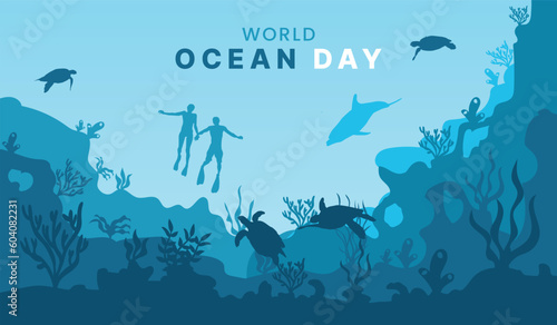 underwater ocean background, Black silhouettes swimming sea fish with corals and vector plants.