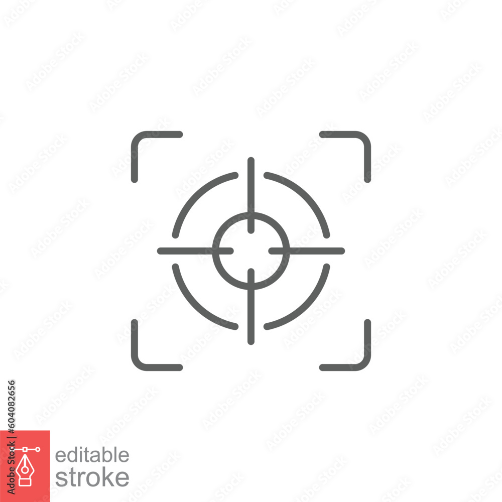 Camera focus frame line icon. Simple outline style. Cross, digital lens, photo, center, goal, target concept symbol design. Vector illustration isolated on white background. Editable stroke EPS 10. Camera focus frame line icon. Simple outline style. Cross, digital lens, photo, center, goal, target concept symbol design. Vector illustration isolated on white background. Editable stroke EPS 10.