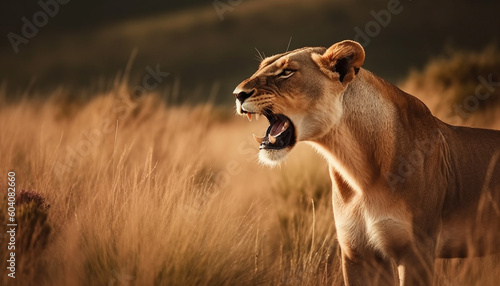 Majestic lioness roaring at sunrise in Africa generated by AI photo