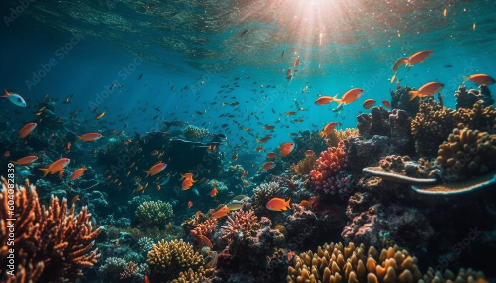 Obraz premium Vibrant sea life below, diving into adventure generated by AI