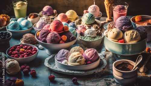 Homemade ice cream sundae, raspberry and chocolate generated by AI