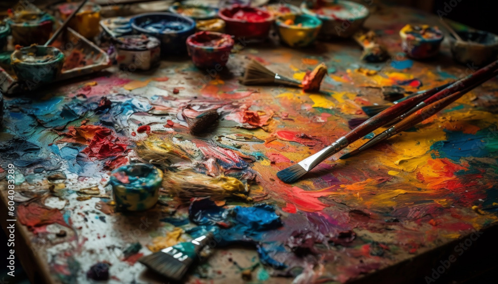 Vibrant colors mix on messy paint palette generated by AI Vibrant colors mix on messy paint palette generated by AI