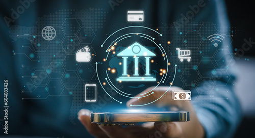 Foto Human use smartphone with online banking digital technology, mobile banking, sho