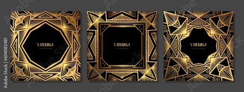 Set of luxury geometric linear template. Golden vintage frame. Art deco style gold background for banner, poster, cover. Retro line art with glitter, shine. Abstract minimalist gatsby style pattern
