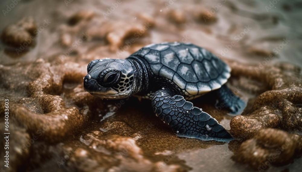 Slow turtle crawls on sand near pond generated by AI Slow turtle crawls on sand near pond generated by AI