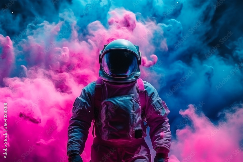 Man in space suit inside softy glowing pink and blue galaxy. Surreal background. Generative AI Man in space suit inside softy glowing pink and blue galaxy. Surreal background. Generative AI