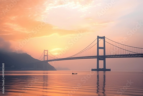 Dawn's Embrace: A Large Suspension Bridge Spanning Calm Seas at Sunrise - AI Generative