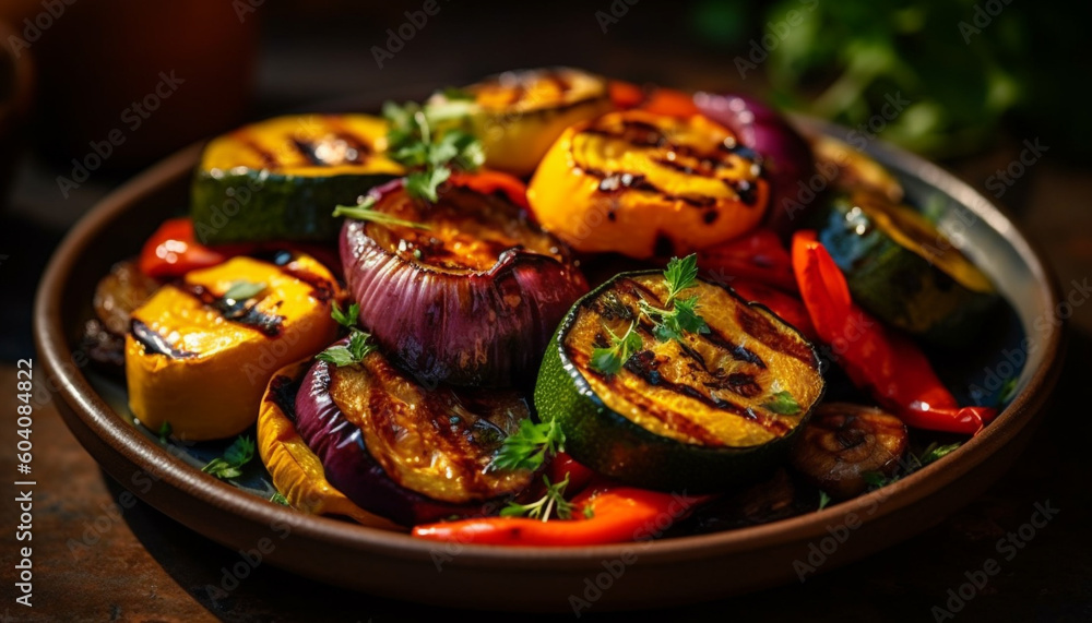 Grilled vegetarian eggplant and tomato appetizer plate generated by AI Grilled vegetarian eggplant and tomato appetizer plate generated by AI