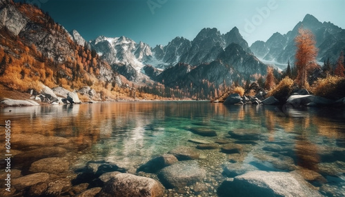 Majestic mountain range reflects in tranquil pond generated by AI