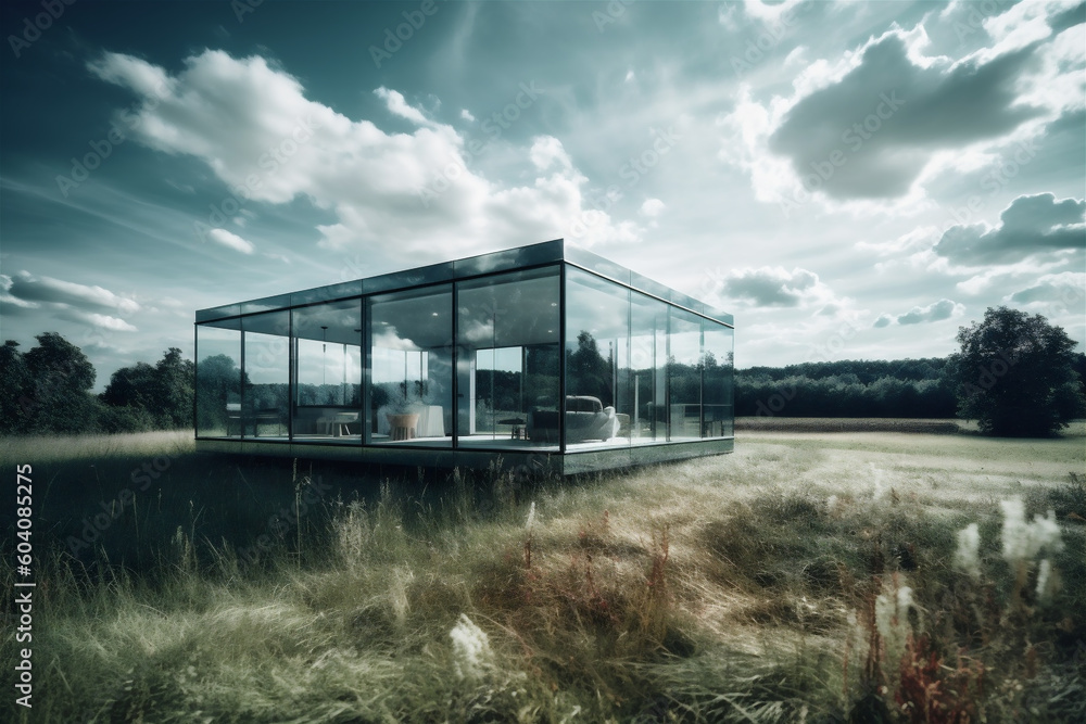 Modern design glass house villa outdoors in mountain forest Modern design glass house villa outdoors in mountain forest