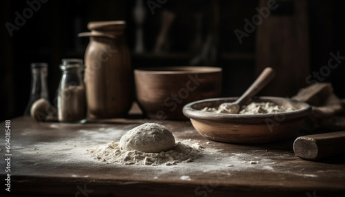 Homemade bread dough on rustic wooden table generated by AI