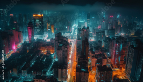 Glowing skyscrapers illuminate the crowded city nightlife generated by AI