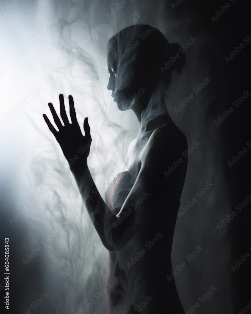 Closeup blurred woman surrounded by smoke in the dark Closeup blurred woman surrounded by smoke in the dark