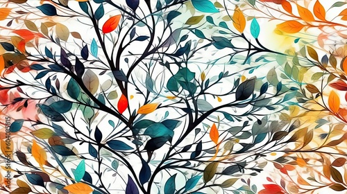 Delicate watercolor pastel dreamlike tree branches, colorful leaf, generative ai, floral composition