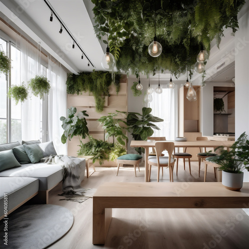 Natural and cozy home living room interior, designed with green plants on the wall and ceiling