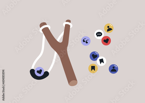Audience targeting concept, a slingshot and colorful marbles with social media icons, such as like, follow, bookmark, quote, repost, etc
