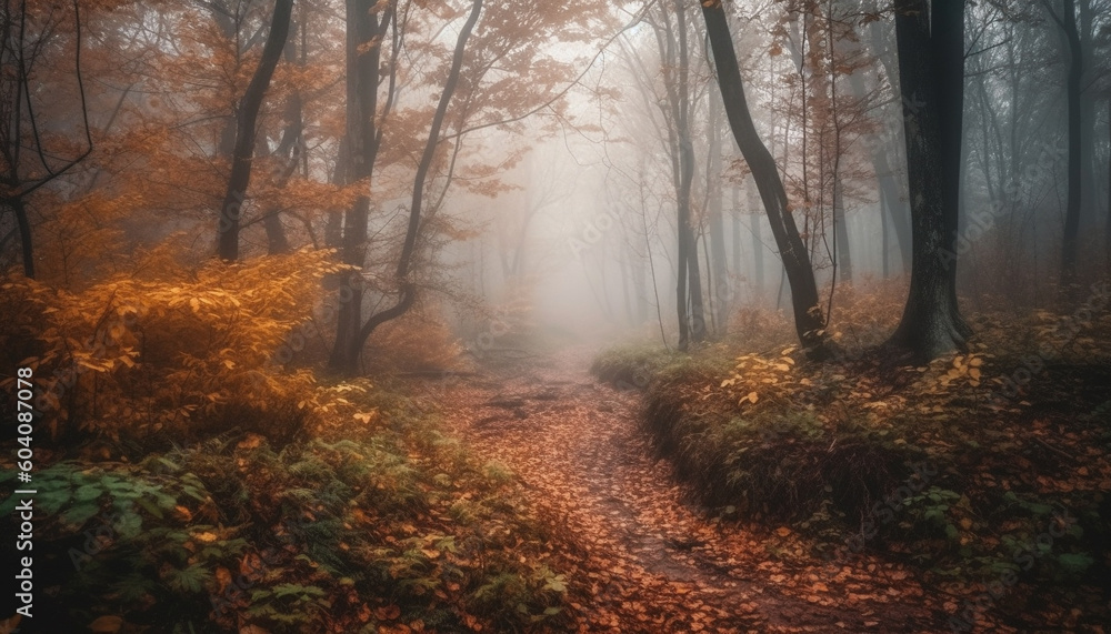 Autumn fog veils mystery on country road generated by AI