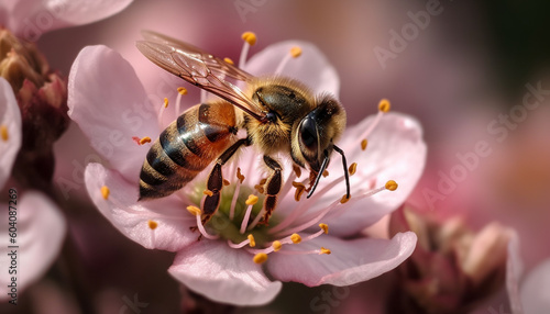 Honey bee collecting pollen from single flower generated by AI