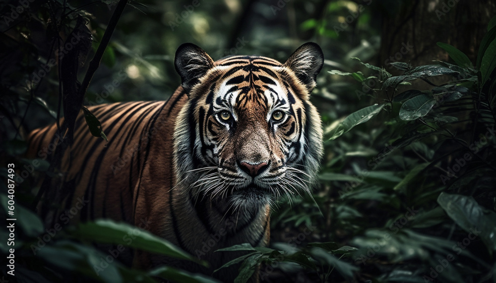Majestic Bengal tiger staring, beauty in nature generated by AI