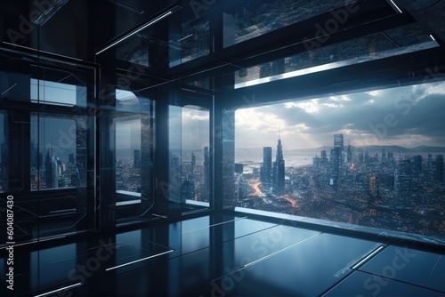 modern office building interior with cityscape out of the window. Created with Generative AI Technology. 