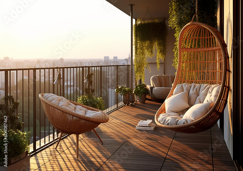 Fotografia, Obraz Balcony with hanging chair and flowering plants