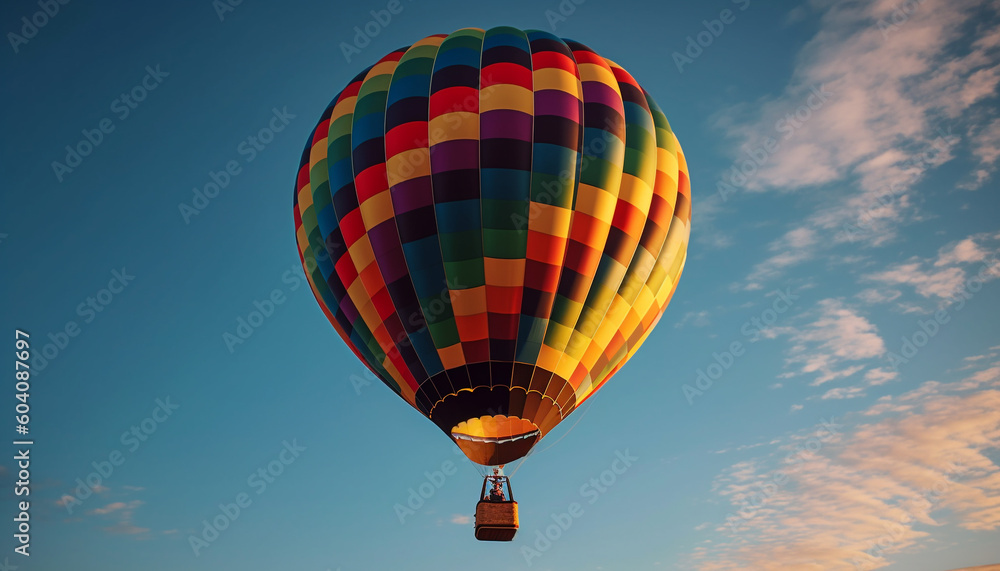 Fototapeta premium Vibrant hot air balloon gliding mid air adventure generated by AI