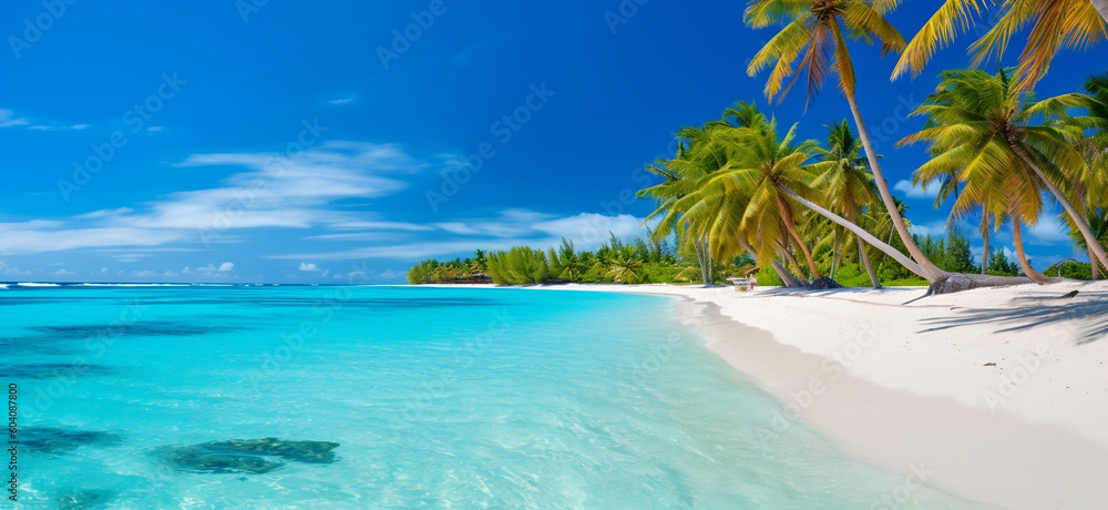 Turquoise ocean and palm trees on a sunny day in Maldives, generative AI