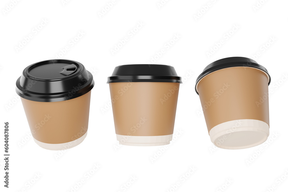 White paper coffee cup or plastic cup three with a blank brown label with black lid realistic mockup coffee or tea mug disposable beverage product 3d render illustration - clipping path White paper coffee cup or plastic cup three with a blank brown label with black lid realistic mockup coffee or tea mug disposable beverage product 3d render illustration - clipping path