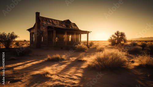 Abandoned hut in arid Africa, tranquil sunset beauty generated by AI