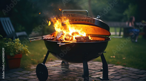 barbeque grill with meat outdoors, ai generated