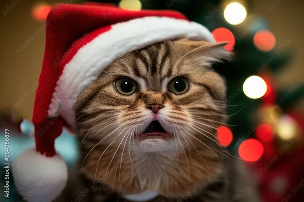 Angry Christmas cat in red Santa Claus hat with christmas tree on background. Cute cat looking at camera. Merry Christmas, happy new year Angry Christmas cat in red Santa Claus hat with christmas tree on background. Cute cat looking at camera. Merry Christmas, happy new year