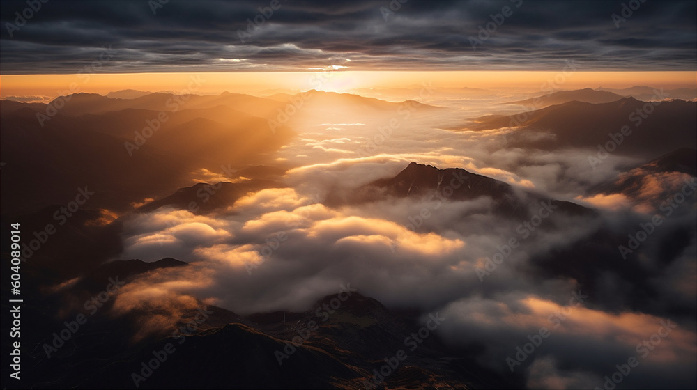 Fototapeta premium Sunrise seen from the air, dramatic view. Sky, heaven image. Generative AI.