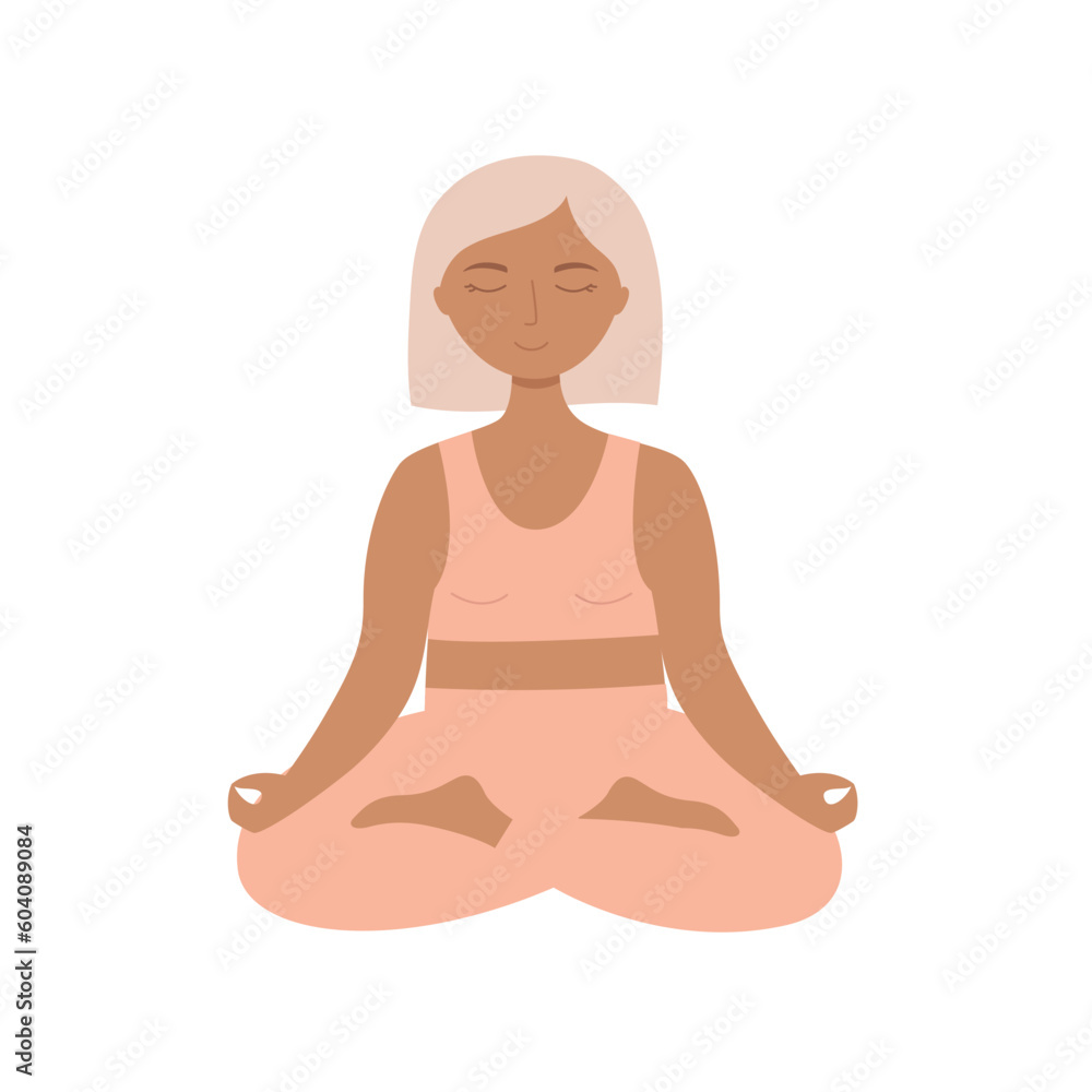 Young woman sits cross-legged and meditates. Girl makes morning yoga or breathing exercises. Young woman sits cross-legged and meditates. Girl makes morning yoga or breathing exercises.