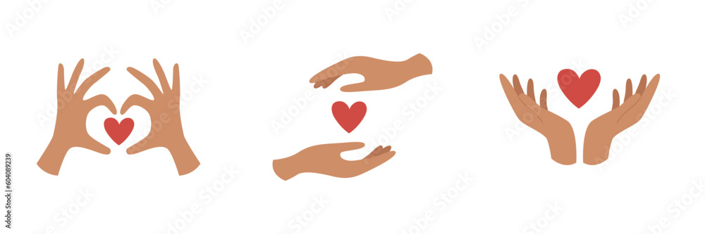Set of hands holding hearts. Love, care and empathy concept. Set of hands holding hearts. Love, care and empathy concept.